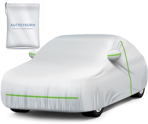 Autreykorn Funda Coche Exterior Impermeable Anti-UV Resistente al Viento y al Polvo con Cremallera Lateral, Funda Coche 400x180x150 cm Plata (Segmento B)