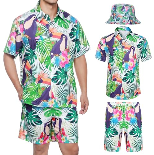 Joyesplay Camicia hawaiana da uomo, 3 pezzi, vestito, con fenicottero, per l'estate e la spiaggia, per feste in piscina