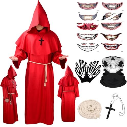 BITOYO Disfraz de Monje Sacerdote Túnica Medieval Renacimiento Traje Disfraz Cura Túnica de Monje con Capucha Cuerda de Cintura Collar de Cruz Guantes y Máscara para Halloween Carnaval (Rojo, M)