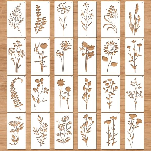 MWOOT Plantillas Flores para Pintar Paredes, 24 Piezas Plantilla Floral Reutilizable para Manualidades,Plástico Kit plantillas Dibujo para Pared, Madera, Lienzo y Decoración Del hogar