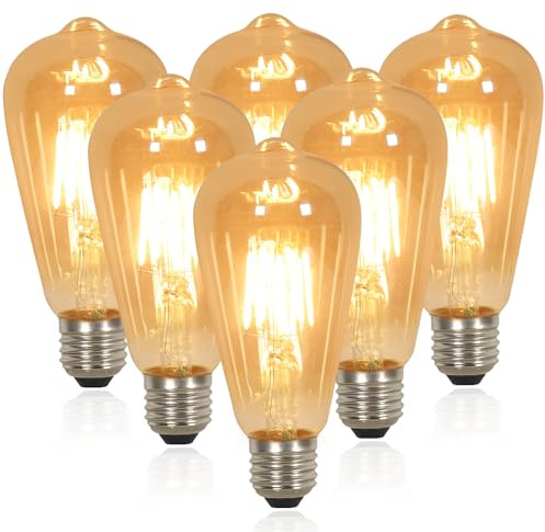 Comely ST64 LED Filamentlampa E27 6-Pack, 4W 3000K Varmvit Amber Glas, Edisonlampa Vintage Retro Dekorationslampa, LED Glödlampa med Filament för Pendellampa, Vardagsrum Sovrum Café Restaurang Bar