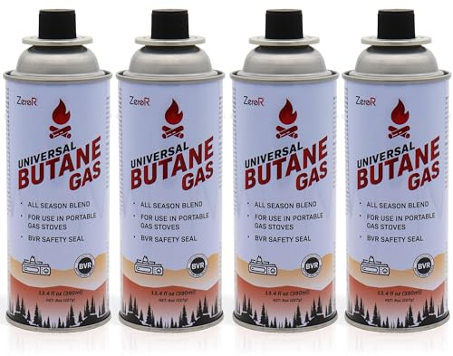 ZeroR Butane Fuel Canister Cartridge 13.4 fl oz (390 mL) Pack of 4 | Compatible with Portable Camping Stoves and Torches