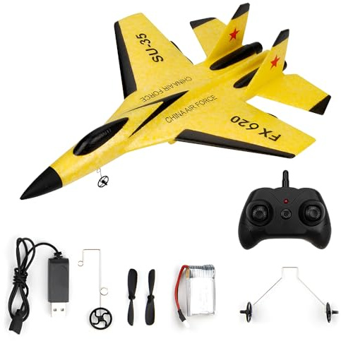 RNPKZ Remote Control Plane, 2CH 2.4Ghz RC Plane Remote Control Wireless Airplane Toy, RC Planes Ready To Fly, SU-35 Foam RCPlane with LED Light Strip, RCGlider Planes for Kids Beginners Adult(Yellow)