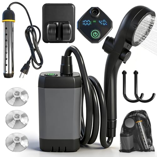 Doccia portatile per campeggio con riscaldatore ad immersione, 6000mAh Pompa da campeggio ricaricabile con display LED intelligente, doccia da campeggio per escursionismo, viaggi, lavaggio auto, bagno