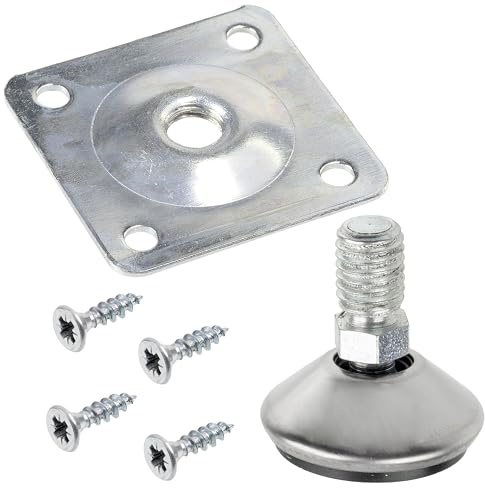AERZETIX - Kit de 4 pies niveladores pivotantes Regulables M10 + 4 Placas de fijación M10 + 18 Tornillos para Madera M4x16 mm | Accesorios de Montaje para Muebles de Madera