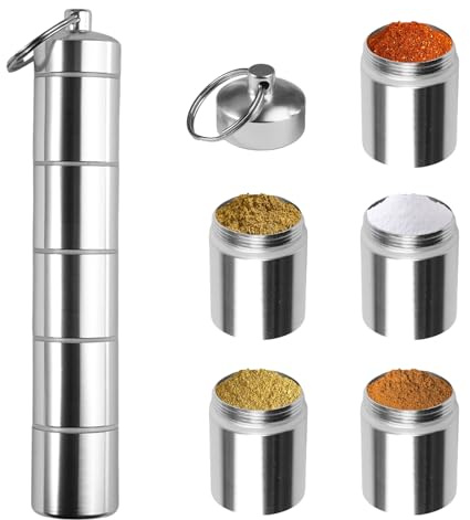 5-i-1 kryddströare camping, minikryddburkssats, bärbara kryddburkar camping | 5 delbara fack pillerdosa, aluminium kryddburkar för resor hemma, utomhus picknick, grill, kök matlagning