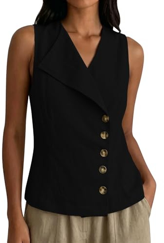Gilet Nero Donna Elegante in Lino Gilet Smanicato Senza Maniche con Scollo a V e Bottoni Asimmetrici Colori Solidi Top Estivo Casual per Lavoro Vacanze e Tempo Libero Formali Moda