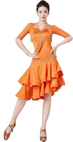 FZHQNZJF Ropa de Baile Latino para Damas Vestidos de Salón de Baile Elásticos Traje Practica Salsa Cha Cha Borla Falda de Espina de Pescado Rendimiento Tango con Pedrería,Naranja,XL