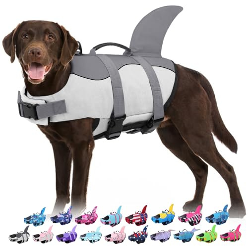 Bess Bridal Dog Life Jacket - Shark Life Vest for Swimming Boating - Reflective Lifejacket Swimsuit for Small Medium Large Dogs - High Buoyancy Lifesaver Preserver with Rescue Handle, Grey Shark M