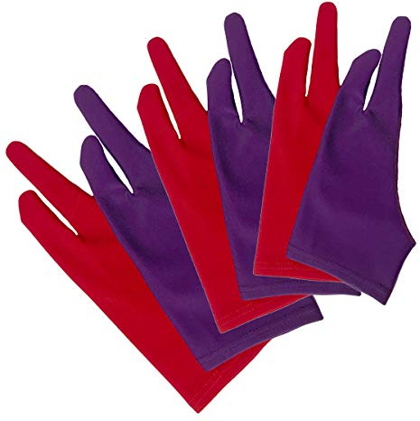 Gzingen - Guantes de dibujo para tableta de dibujo, 6 piezas, guantes de dibujo para tableta de dos dedos, guantes digitales para artistas, dibujos, tableta, monitor y caja de luz, color morado y rojo