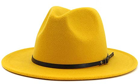 QUUPY Damen Fedora-Hut mit breiter Krempe und Gürtelschnalle, klassischer Panamahut, gelb, 6 7/8/7 1/8