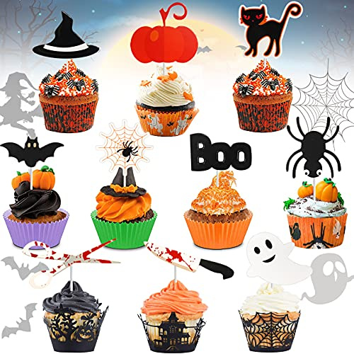 Decorazioni per Torta Halloween - 40 Toppers + 30 Aste di Plastica + 30 Punti di Colla - Cupcake Topper Decorativo per Feste