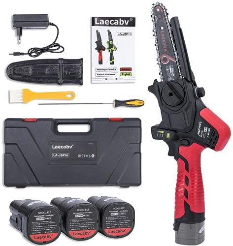 Laecabv 6 Pollici Mini Motosega a Batteria Portatile Per il Taglio del Legno e Giardinaggio con 3 Batteria LA-J6Pro (Rosso)
