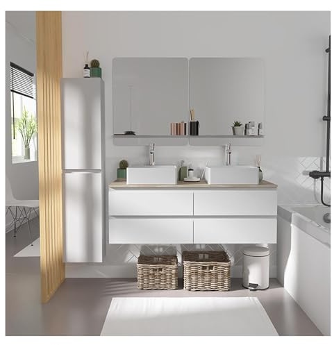 MOB-IN Set mobile doppio lavabo bianco 120 cm + 2 lavabi + 2 specchi + 2 rubinetti + colonna Sorrento