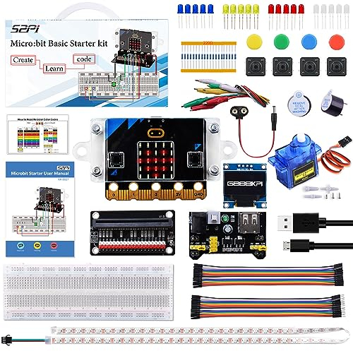 GeeekPi Basic Starter Kit for BBC Microbit V2.2, Graphical Programming Built-in Speaker and Microphone, LED Display Coding for Kids Teens + Microbit GPIO Expansion Board & SG90 Servo & USB Cable