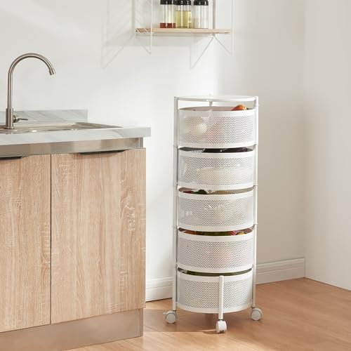 [en.casa] Rollwagen Steigen mit 5 Ebenen mehrlagiges Küchenregal mit Rädern Servierwagen aus Stahl ausklappbare Körbe Regal für Küche, Bad 89,5 x Ø33 cm Weiß