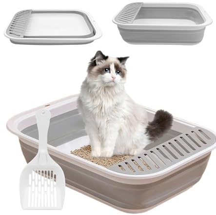 Katzentoilette Flach Groß, Katzenklo Niedrig für alte Katzen, Katzenklo Flach Mit Schaufel, Reisetoilette Katze, Faltbare Katzentoilette mit Schaufel, Katzenklo Groß, Faltbare Flache Katzentoilette