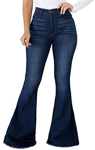 SeNight Women Bell Bottom Jeans Skinny Classic High Waisted Pants Blue