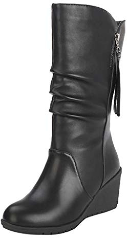 Botas de cuña para mujer, sin cordones, de cuña, con cuña, de caña corta, botines de media altura para mujer, con tacón de cuña, botas de invierno, zapatos planos de moda, Negro , 38 EU