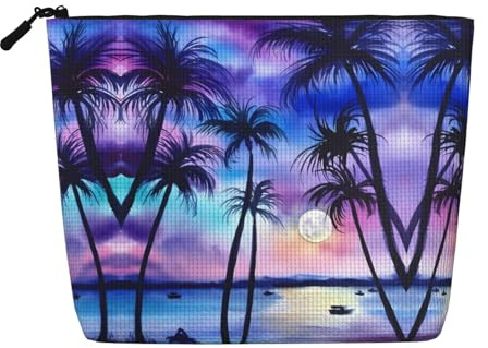Palm Tree Pattern Fake Hemp Makeup Bag, Toiletry Organizer – One Pack for Multiple Daily Uses, Business Trip Companion, Black, One Size