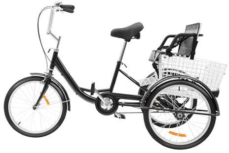 MEHOOSPVN 20 tums vuxen trehjuling med barnstol med inköpskorg med baksäte trehjuling cykel cargocykel med klämbroms och 90 bandbroms, max 264,5 lb för underhållning, shopping och sport