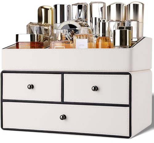 GORESE Organizador de Maquillaje, 2 Pisos 3 Cajones Organizador de Cosméticos de Piel Almacenaje Maquillaje Organizadores de Escritorio para Dormitorio, baño, tocador(Blanco)