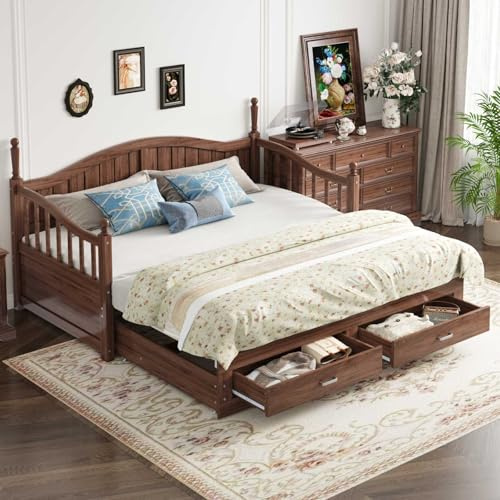 YEHTOKHOME 90/180x190 cm canapé-lit en Bois Massif Extensible avec 2 tiroirs, Multifonctionnel avec lit escamotable et sommier à Lattes, avec Dossier et accoudoirs(sans Matelas) (Noyer)
