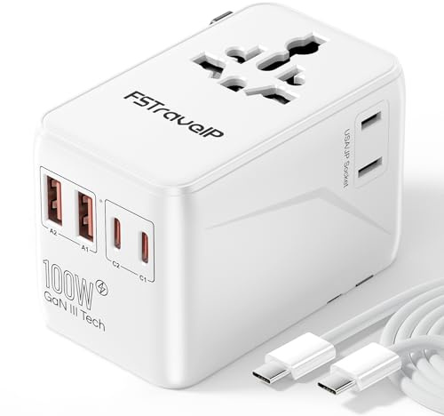 PD100W Universal Travel Adapter, Travel Plug Adapter Worldwide with 2 USB C PD and 2 USB A QC, International Power Adapter with Dual Safety Fuses, for Multi Countries EU, USA, UK, Australia
