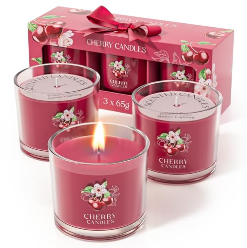 CHILLFLAME Kirschkerze, Duftkerzen Geschenke für Frauen, Kerzen-Geschenk-Set für Sie, 3 duftende Votivkerzen, Geburtstagsgeschenke für Frauen/Männer (Rot, 200g)