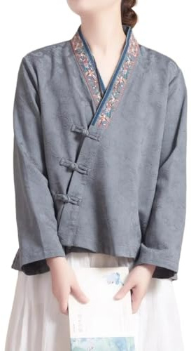GHAKKE Hauts Rétro Style Chinois pour Femme Chemisier Hanfu Brodé De Fleurs Exquises Chemises Décontractées À Manches Longues en Coton Et Lin(Gray,L)