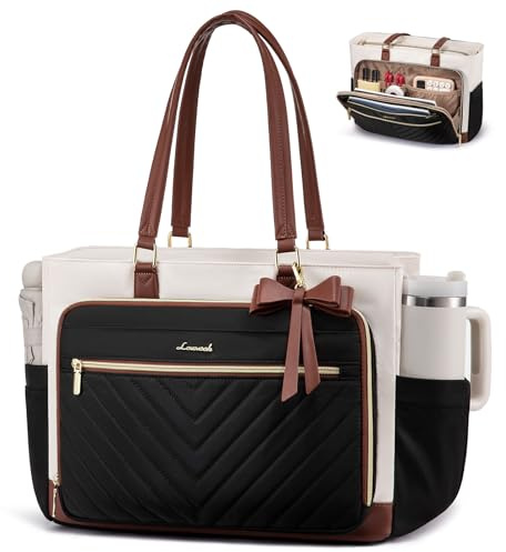 LOVEVOOK Teacher Tote Bag for Women, Work Laptop Bag Gift with Large Cup Holder, Quilted Nurse Bag Diaper Tote with Multi-Pockets, Large Computer Handbag Purse for Bussiness Travel, Office, College