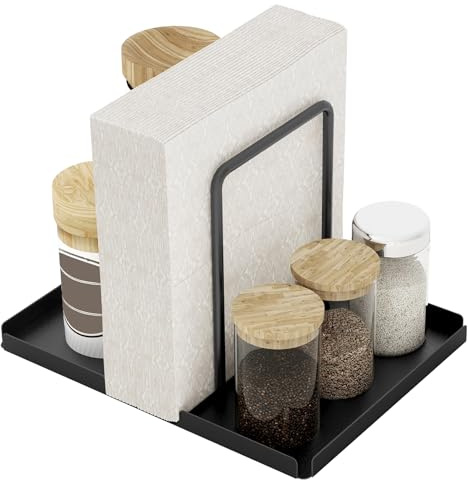 Culinavog Napkin Holder with Spice Bottle Caddy, Black Metal Tabletop Paper Napkin Dispenser with Non-Slip Pads, Fits Salt and Pepper Shakers for Kitchen Counter and Dining Table