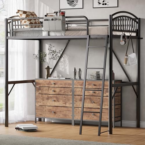 Decofy Metal Loft Bed Twin Size, Twin Loft Bed with Storage Bag, Sturdy Ladder & Full-Length Guardrails, Space-Saving, No Box Spring Needed, Loftbed Frame for Teens Adults, for Bedroom Dorm (Black)