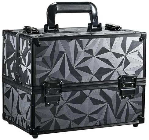 Mallette à Maquillage Valise Maquillage Coffret Rangement avec Doubles Serrures Maquillage Aluminium Boîte de Cosmétique Organiseur Professionnel Beauté Cas Vanité Grande, Noir Grisâtre