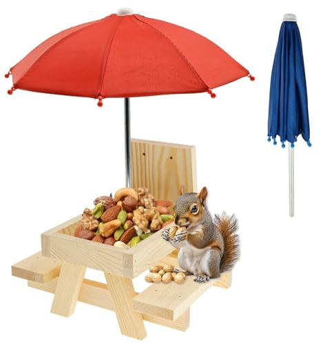 Mangeoire pour écureuils - Table de pique-nique avec 2 parapluies - Distributeur de nourriture en bois pour l'extérieur - Avec support pour épis de maïs - Solide