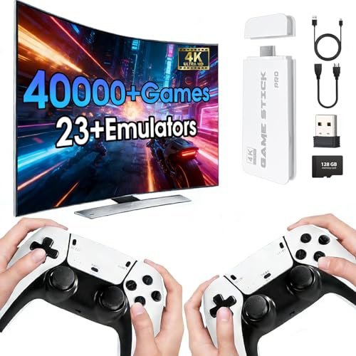 2026 New Wireless Retro Game Console, 23 Emulators and 40000+Games, Plug and Play 4K HDMI TV Game Stick, with Dual 2.4G Wireless Controllers (White)