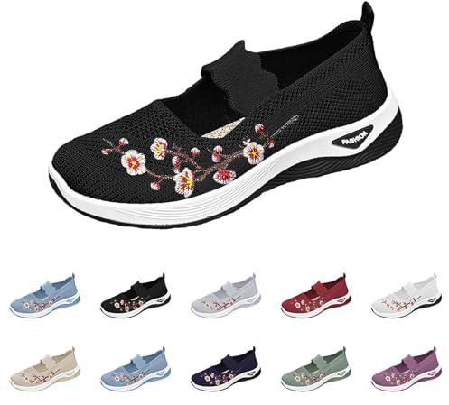 Fritidsskor dam sommar – slip-skor dam sneakers andas fritidssko bekväma joggingskor med broderade löparskor moderna sportskor halkfria sneakers