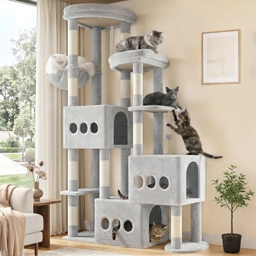 Gitelsnour Rascador para Gatos de 182 cm, Árbol rascador para Varios Gatos antivuelco y Estable con 3 Cuevas Grandes, con 3 Plataformas, Cesta Colgante y 10 Postes rascadores, Gris Claro GCT036W