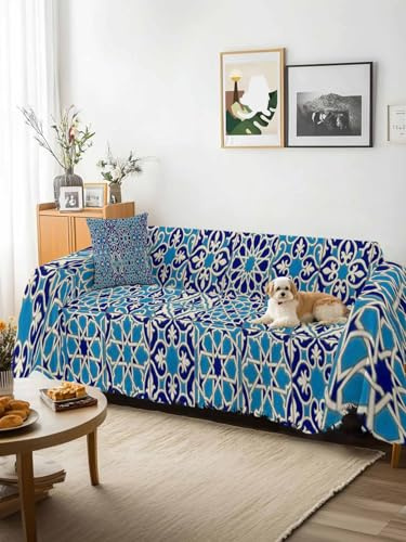 Vintage Morocco Sofa Cover Blanket Couch Covers for Armchair Cushion,Couch Sofa Silpcover with Tassel,Traditional Tribal Abstract Geometric Blue Living Room Throw Towel Blanket Covers XX-L 71x150