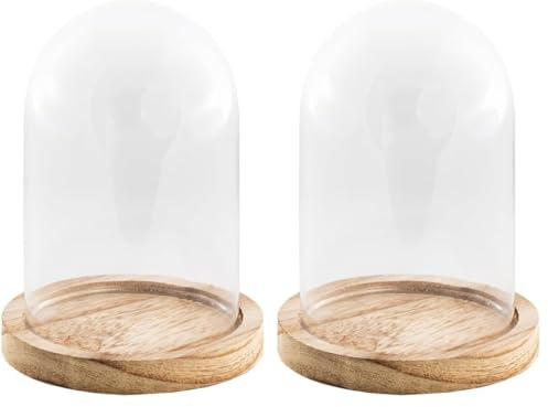 Chaks - Campana de Cristal con Base de Madera, cúpula Transparente con Pedestal de Cristal y Madera, decoración para salón, estantería y Mesa (Paquete de 2)