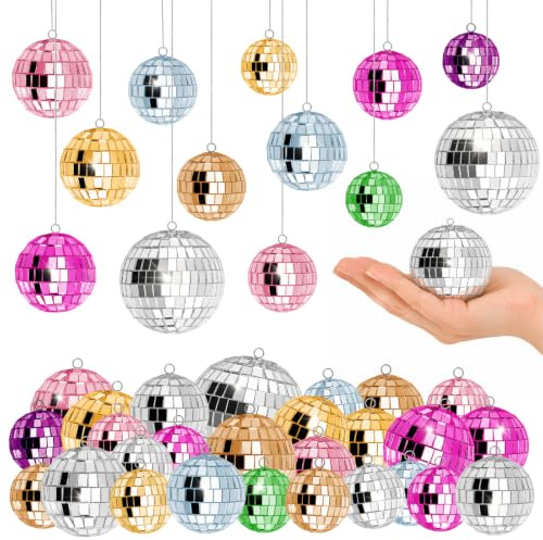 37 stycken discokula dekorationsset, 3/4/5/6 cm färgad spegelkula | Liten discokula dekoration med 10 m rep att hänga upp för julgran bröllop hemmafest födelsedagsfest dekoration, rosa blå grön