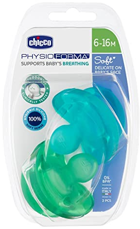 Chicco Soft ergonomic pacifier in silicone x 2, blue / green, 6-16 months