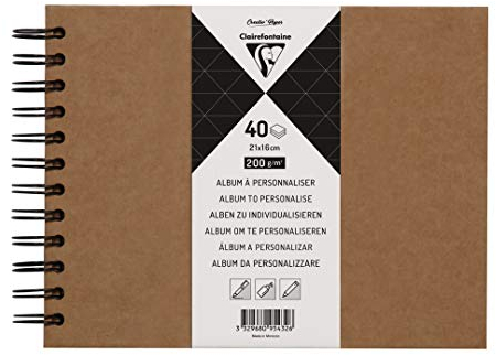 Clairefontaine 95432C - Album à Personnaliser 40 Feuilles 21x16 cm - Papier Kraft Épais 200g m² - Couverture Rigide Kraft - Spirale noire - Loisirs Créatifs, DIY, Scrapbooking