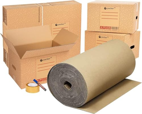 packer PRO Pack Mudanza Eco con 5 Cajas Carton Mudanza 600x400x400mm, 10 Cajas Carton Mudanza 430x300x250mm, Cinta Adhesiva, Rollo de Cartón Ondulado de 90cm x 25m, Rotulador Permanente