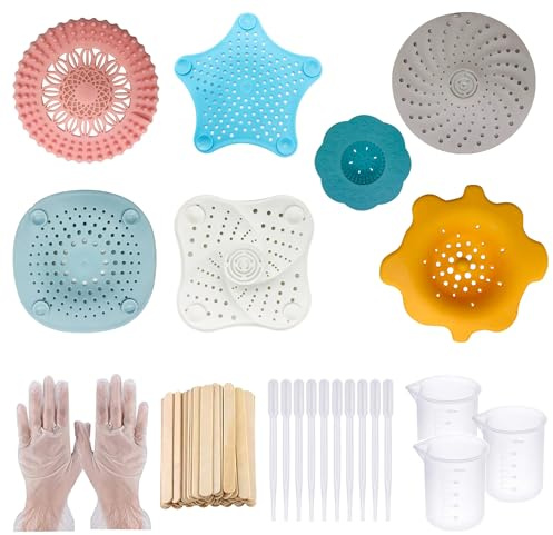 Allazone 52 Pz Colador de Fregadero de Plástico Acrílico, 7 Pz Desagüe para Fregadero, Colector de Pelos de Silicona, Colador de Silicona con Pincel para Pintar Bricolaje
