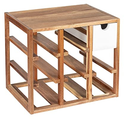 WENKO Weinregal Acina, hochwertiges Regal für bis zu 8 Flaschen, mit integrierter Schublade für Korkenzieher & Ausgießer, natürliches Akazienholz ökologisch FSC® Zertifiziert, 33,5 x 29 x 24 cm