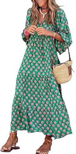 miduo Vestido Largo de Verano con Cuello en V y Media Manga con patrón geométrico Bohemio para Mujer, A Green 002, X-Large