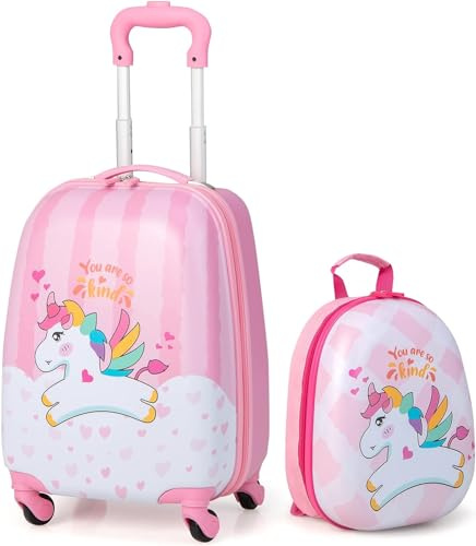 RELAX4LIFE Set Valigia Bambini 2 in 1 Unicorno Rosa Arcobaleno (Trolley16 + Zaino 12) con Ruote 360°, Maniglia Regolabile, Zaino con Piedini | ABS Resistente | Ideale per Viaggi e Scuola