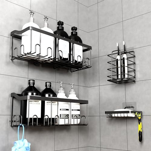 PRIME FEEL Shower Caddy no Drill, 4-Pack Stainless Steel Shower Shelf Organiser, Bathroom Accessory Set Including 2 x Bathroom Shelves, 1 x Toothbrush Holder, 1 x Soap Holder, 4 x Adhesive Pads, Black