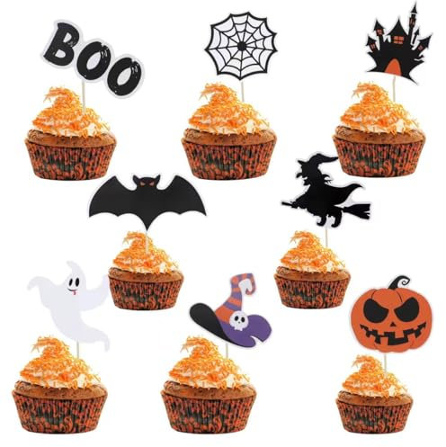ZALAON Halloween Cupcake Topper, 48 Stück Muffin Deko mit Zahnstochern und Markierungsfahnen